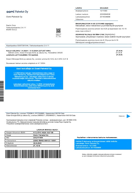Finland Oomi Palvelut Oy electricity business utility bill in word and pdf formats